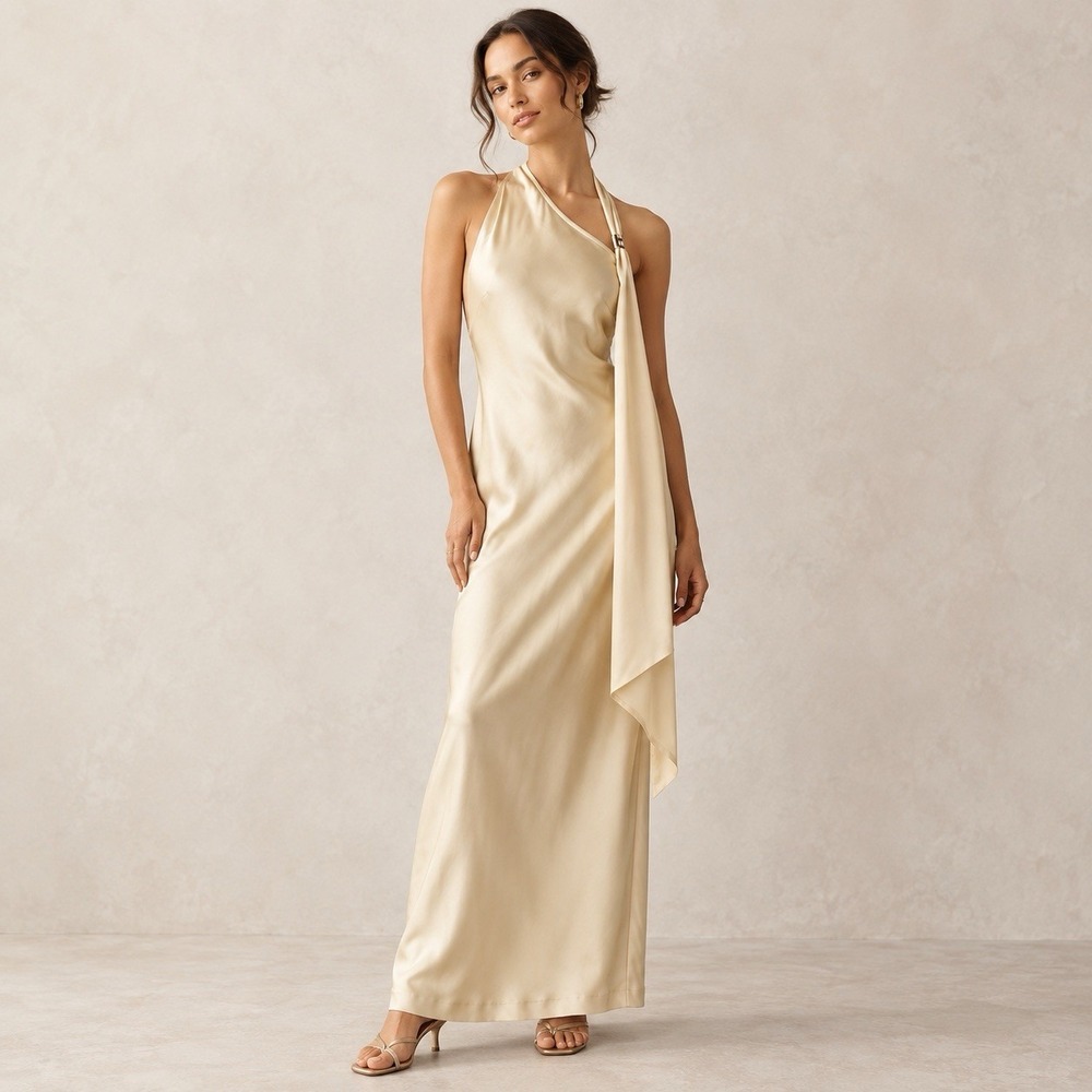 ANTHROPOLOGIE 4TH RECKLESS New XL Maxi Slip Dress Evani OneShoulder Satin Yellow